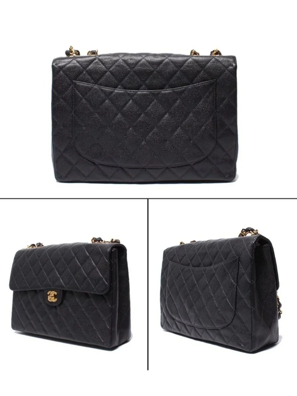 Chanel Chain Shoulder Bag Quilted Caviar Leather Gold Double